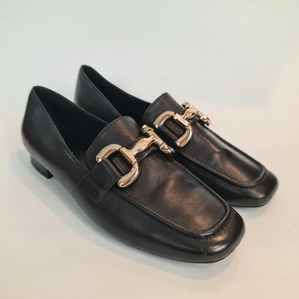 Vaneli Black Leather Square Toe Nappa Loafers Womens 9M Block Shoes Horsebit